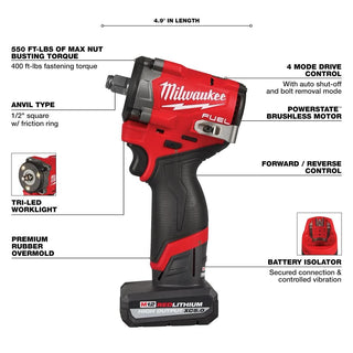 Milwaukee Tool M12 Fuel 1/2" Stubby Impact Wrench w/ Free 2 Pack of XC3.0 Batteries