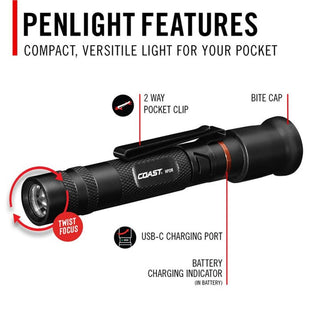 COAST Products HP2R 280 Lumen Rechargeable Penlight with Twist Focus - Blue