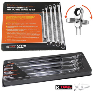 K Tool International Wrench Set 5 Piece Metric Ratcheting Reversible Double Box Flexible Extra Long Universal Spline 90 Tooth