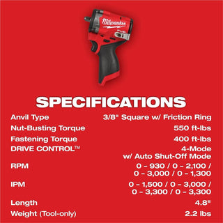 Milwaukee Tool M12 Fuel 3/8" Stubby Impact Wrench