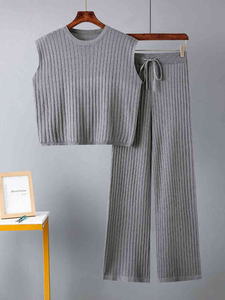 Ribbed Sweater Vest and Drawstring Knit Pants Set