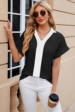 Contrast Johnny Collar Short Sleeve Blouse