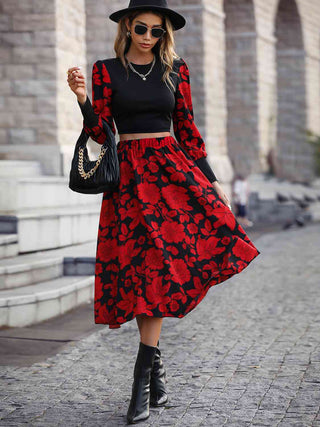 Round Neck Lantern Sleeve Floral Print Top and Skirt Set