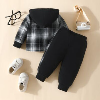 Plaid Button Up Hooded Shacket ann Pants Set