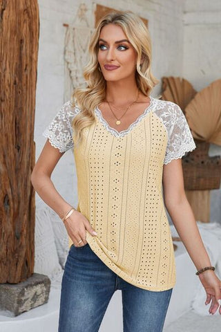 Eyelet V-Neck Lace Short Sleeve T-Shirt