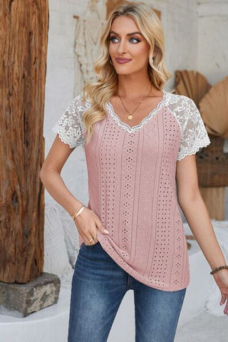 Eyelet V-Neck Lace Short Sleeve T-Shirt