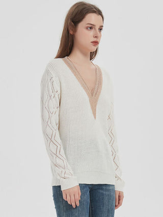 Openwork V-Neck Dropped Shoulder Sweater