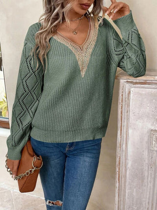 Openwork V-Neck Dropped Shoulder Sweater