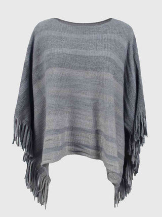 Striped Boat Neck Poncho with Fringes